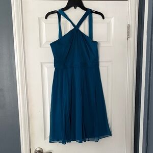 Blue Teal Chiffon Wedding Guest Dress Formal - J. Crew Size 6 Halter Cross Neck